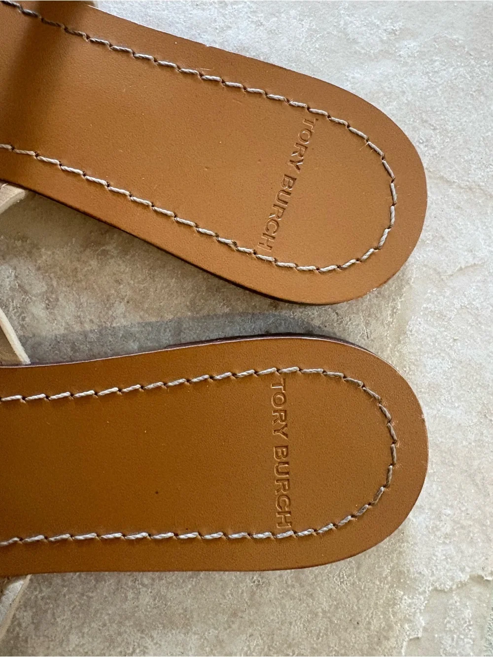 Tory Burch Gold Logo Ivory Leather Thong Sandals